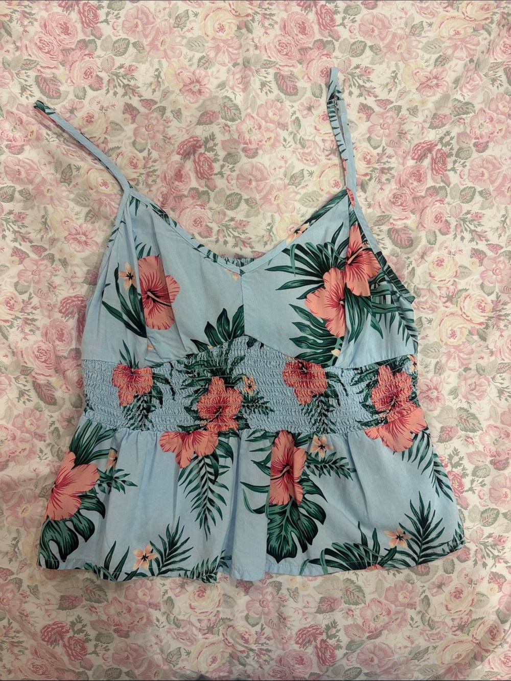 Guess Light Blue Tropical Floral Smocked Cami